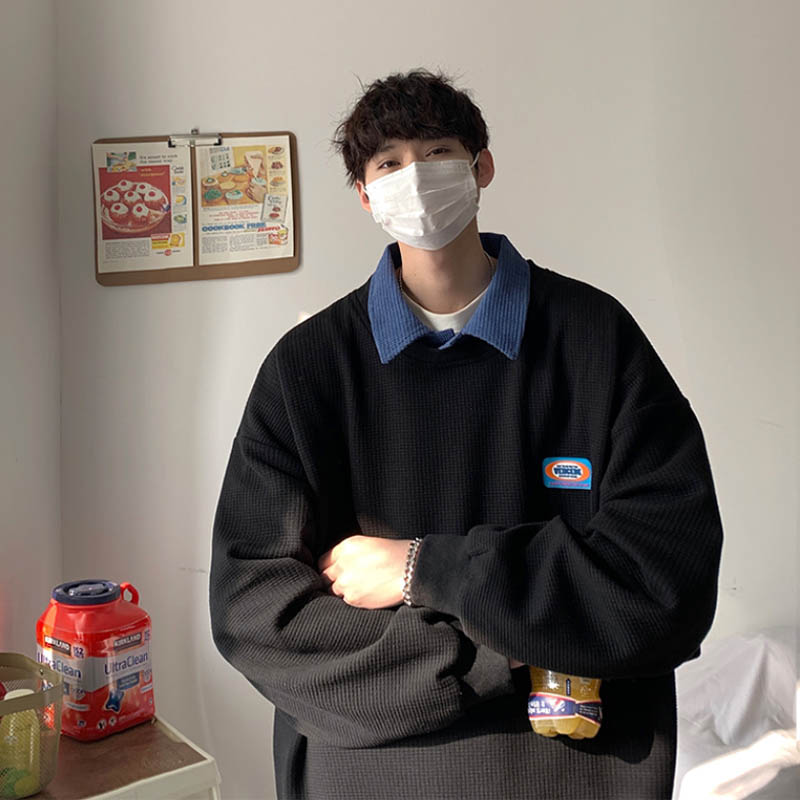 polo领卫衣男hiphop潮牌春秋季外套假两件ins港风百搭宽松青少年