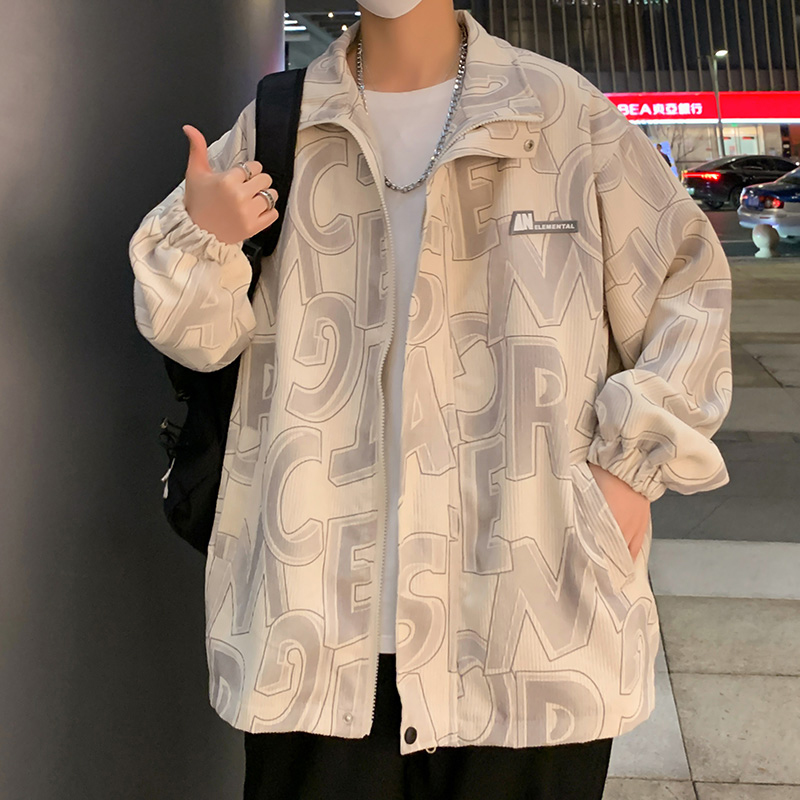 灯芯绒外套男春季褂子韩版潮流休闲宽松潮牌ins满印字母印花夹克