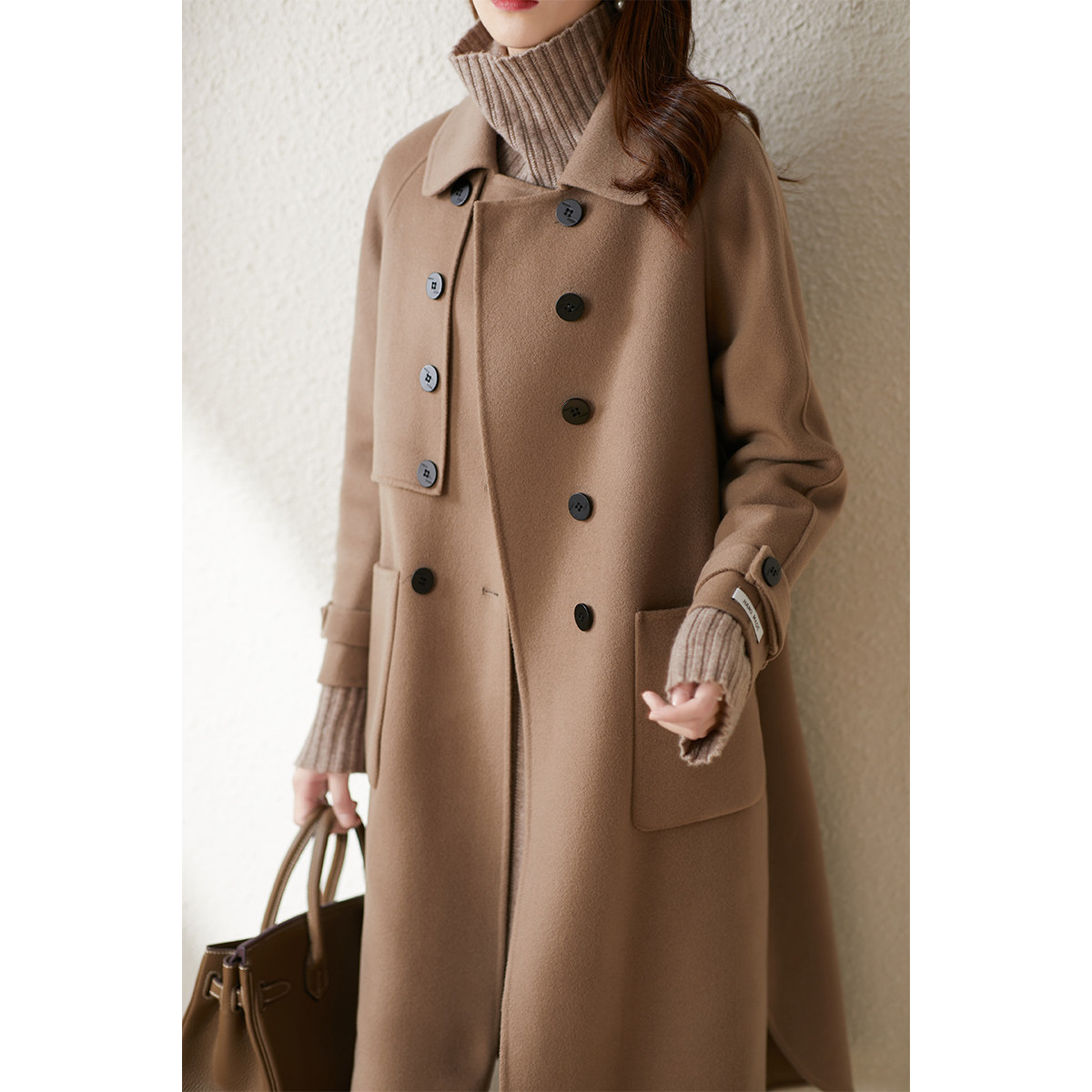 原形双排扣羊毛大衣女中长款2020秋冬新款韩版气质双面呢毛呢外套