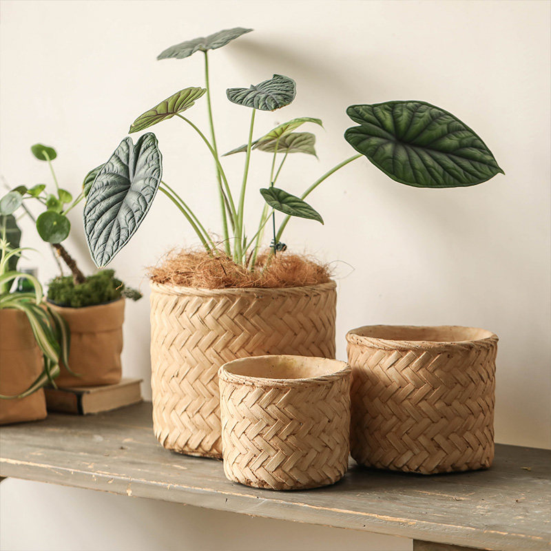 复古竹编水泥种多绿植小花花盆创意棕色摆件花盆