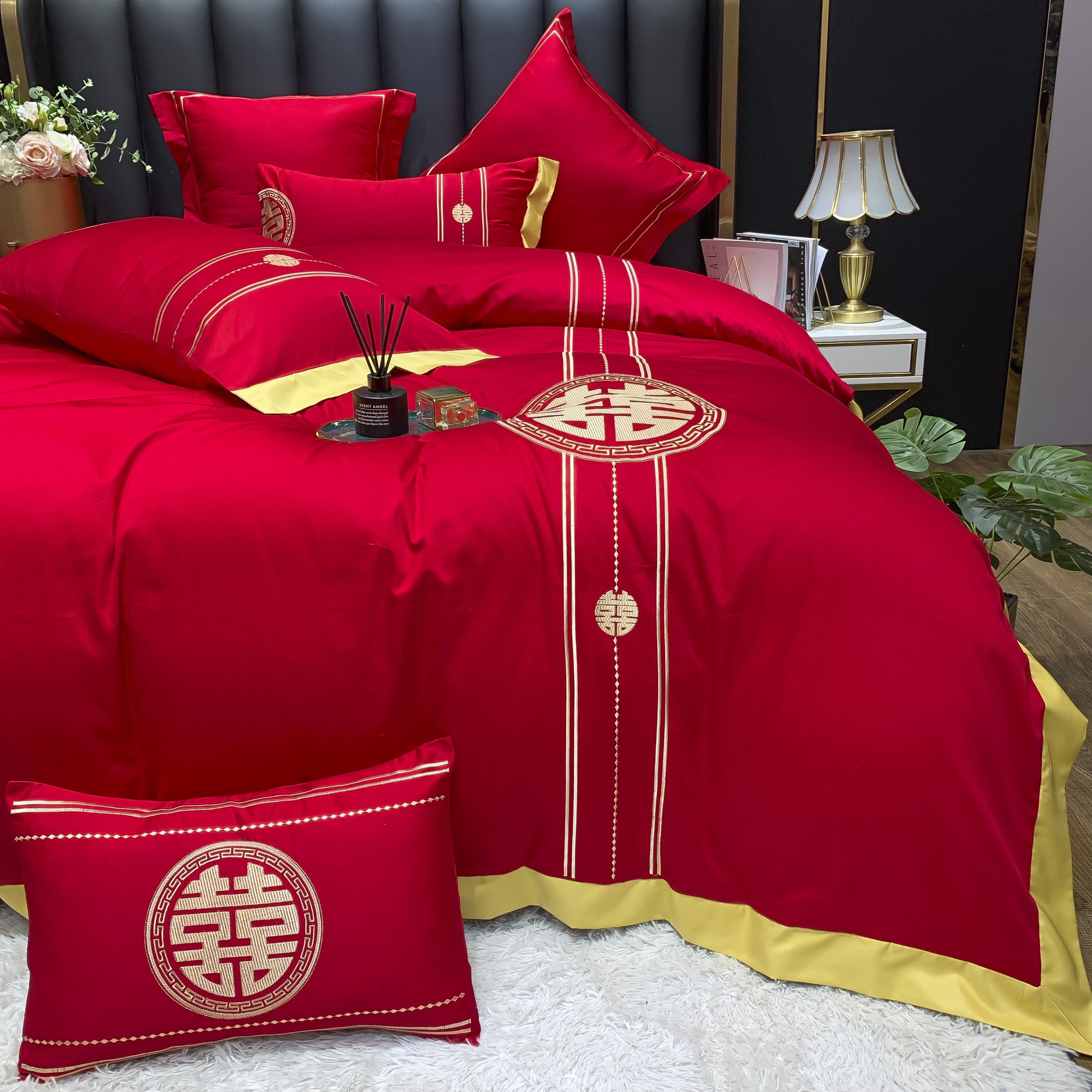 新婚庆结婚床上用品红色大红被套全棉刺绣纯棉长绒婚庆床品套件