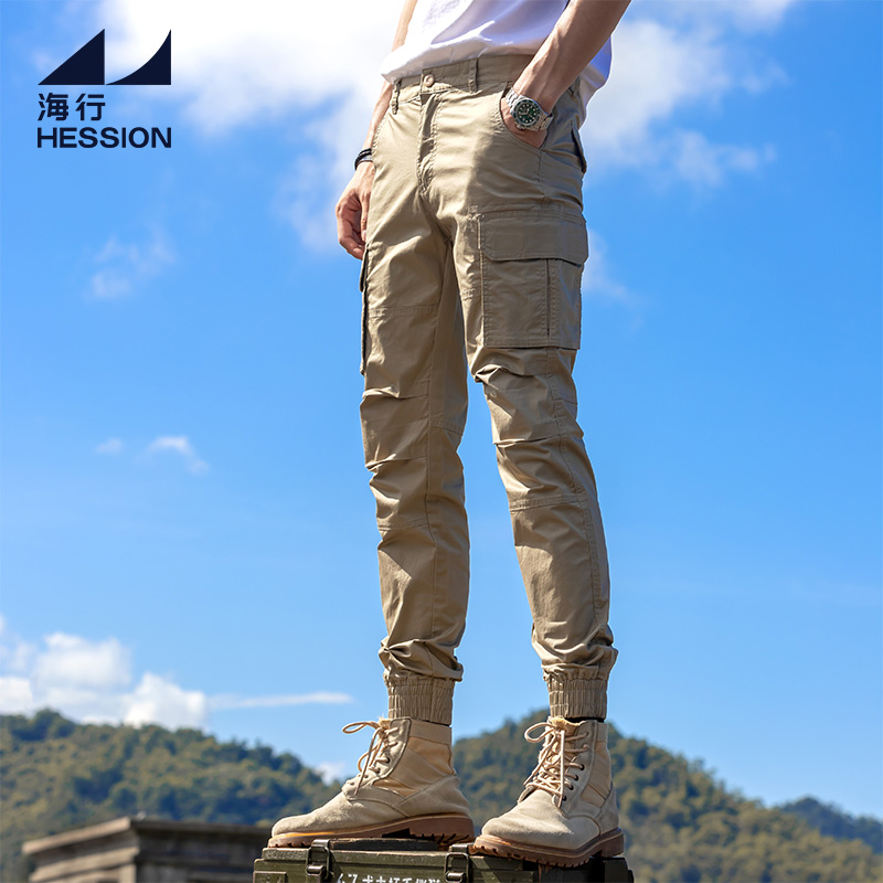 卡其色修身冰丝工装裤男 夏季薄款束脚休闲裤 潮牌高端透气速干裤