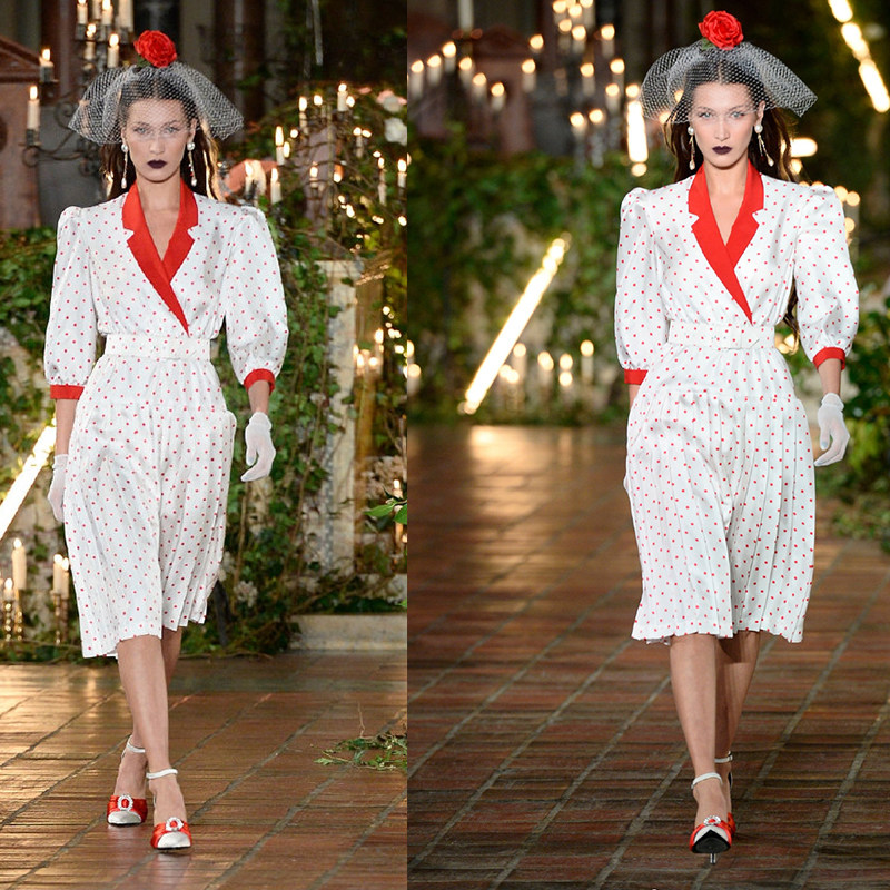 bellahadid贝拉同款撞色红色西装白色波点连衣裙连衣裙