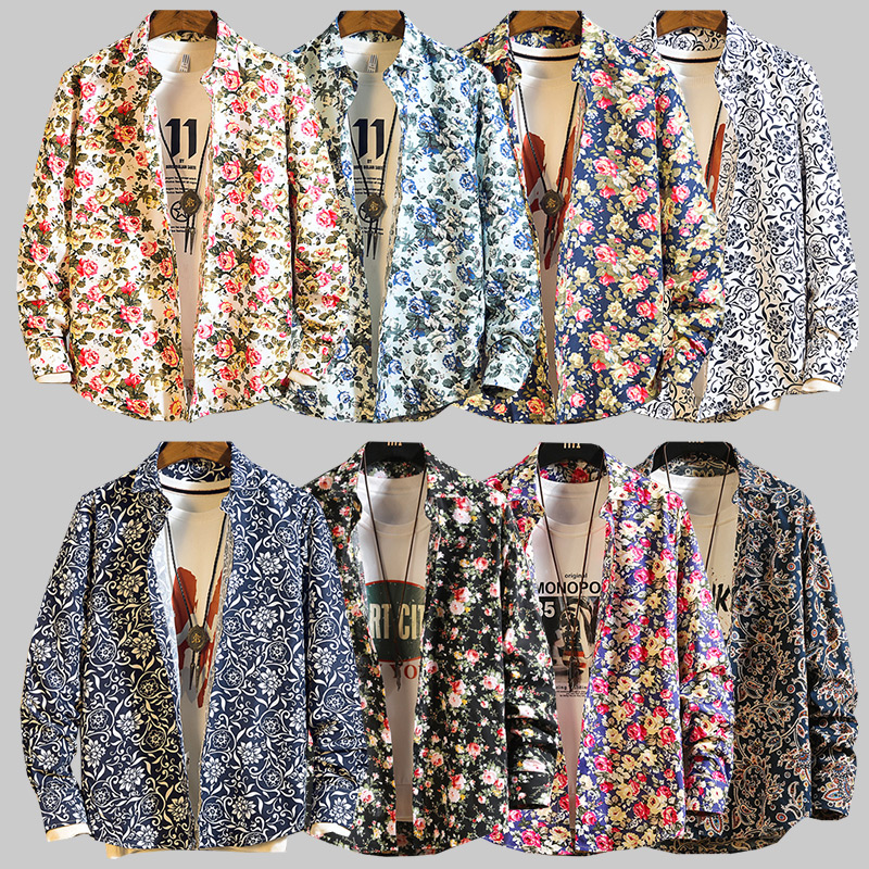 四季花哨小碎花图案印花长袖衬衫男休闲衬衣花式潮流发型师寸衫帅