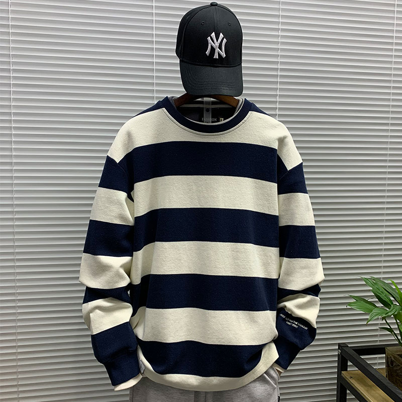 春季新款潮牌圆领条纹卫衣男士休闲宽松百搭韩版潮流ins痞帅上衣