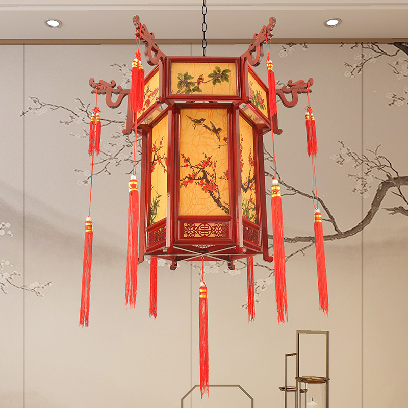 中式仿古实木六角宫灯别墅长廊新年吊灯乔迁灯笼