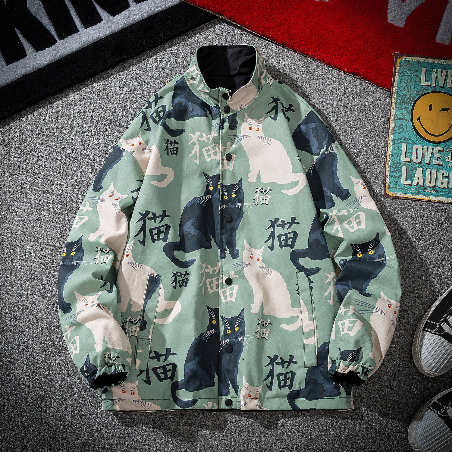 两只小猫的故事 潮牌日系扎染大码宽松两面穿夹克潮男女情侣外套