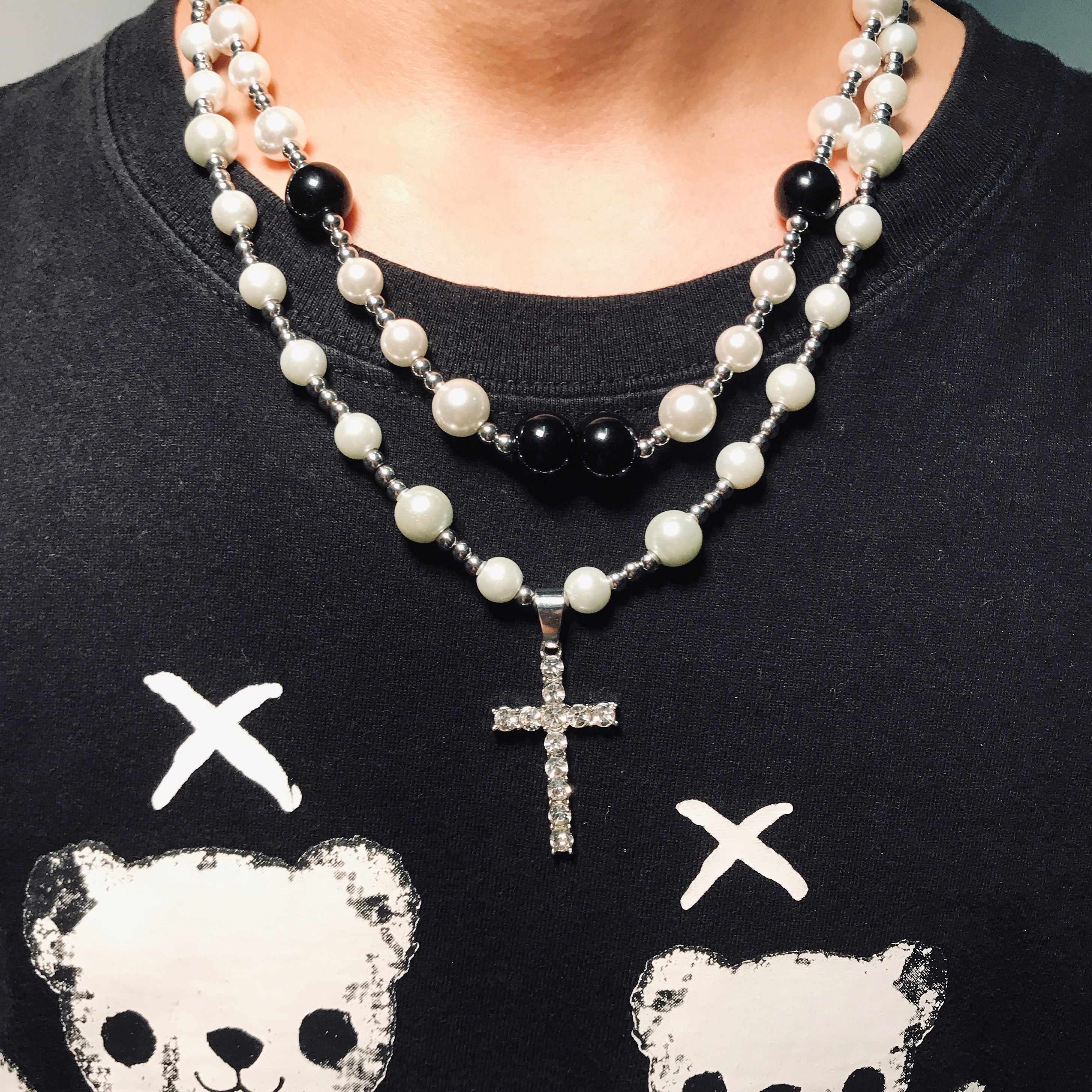 asaprocky欧美流行嘻哈复古双层珍珠锆石十字架项链