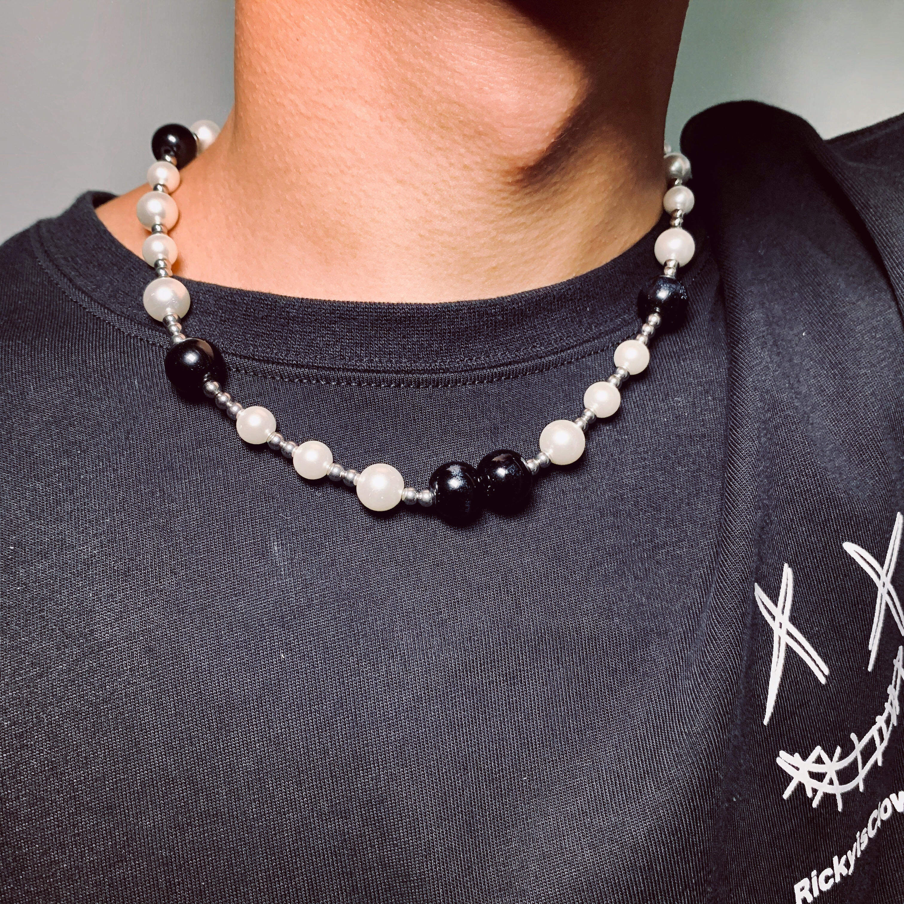 asaprocky欧美流行嘻哈复古双层珍珠锆石十字架项链