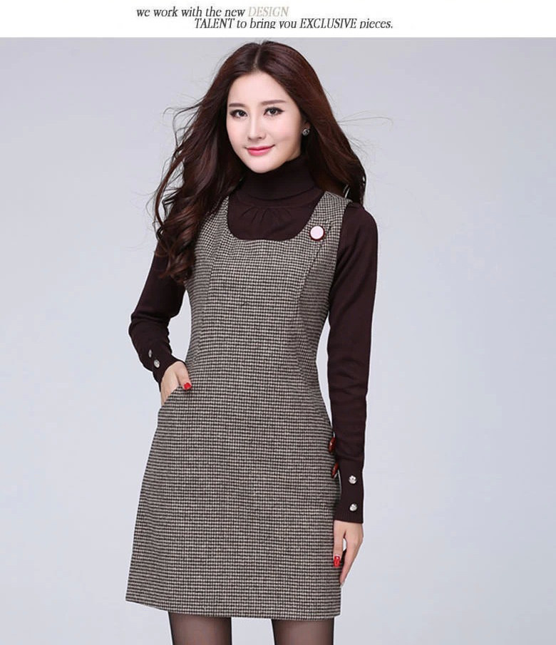 秋冬新款打底裙坎肩格子马甲背带连衣裙毛呢无袖中长背心裙厚