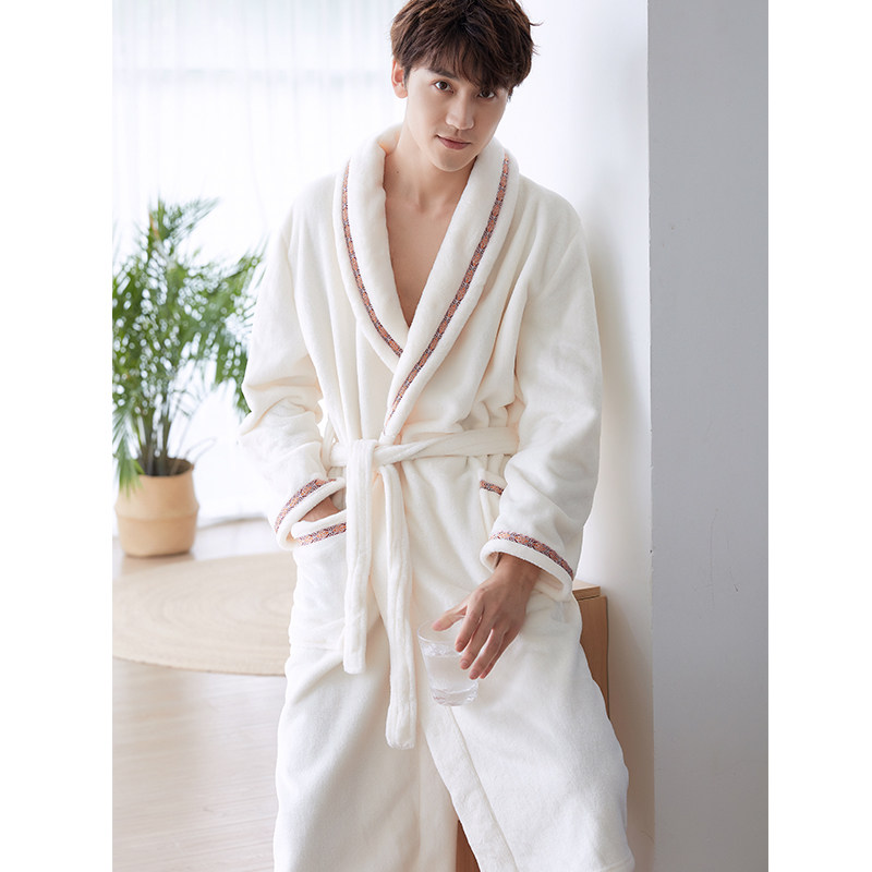睡衣男浴袍秋冬法兰绒加厚长款冬季性感加绒男士春秋珊瑚绒冬睡袍