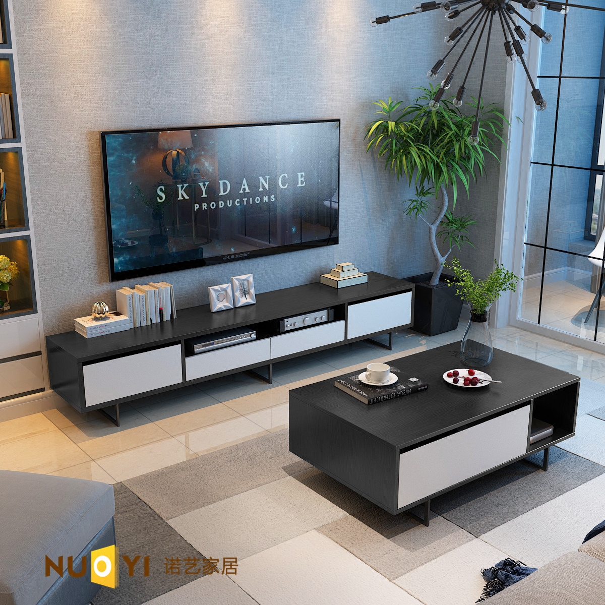 电视柜现代简约茶几组合套装北欧客厅黑色背景墙小户电视柜