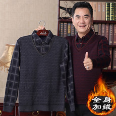 Old man sweater with fleece thickened dad pack 40-50 - year - old man fake two shirt collar sweater Old man sweater with fleece thickened dad pack 40-50 - year - old man fake two shirt collar sweater
