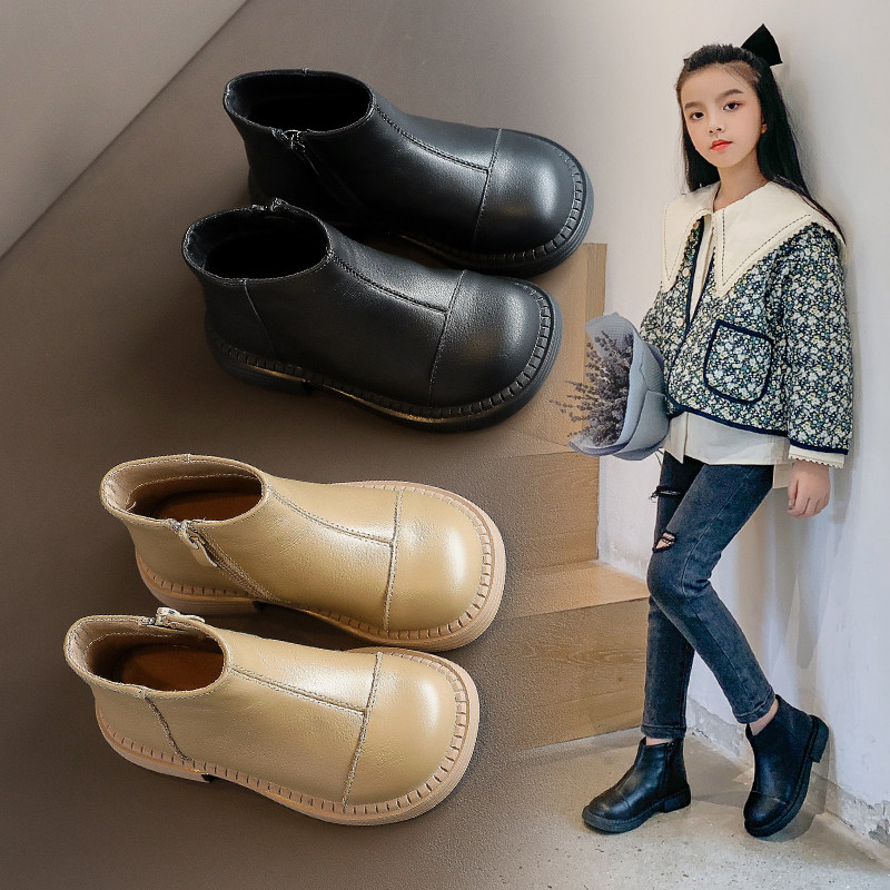 儿童真皮皮靴2022冬季新款女童短靴加绒小女孩皮靴