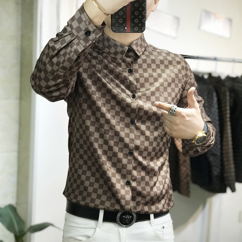 长袖衬衫高端春秋大码潮流印花潮牌春季新款休闲男士格子冰丝衬衣