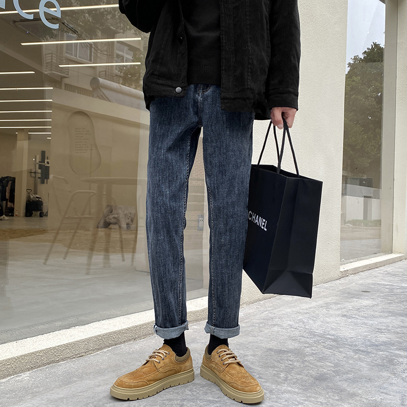 小直筒牛仔裤男春季潮ins高街痞帅复古裤子高级感修身小脚休闲裤