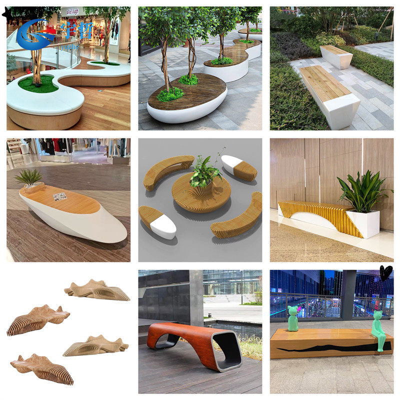 玻璃钢商场美陈休闲座椅户外公园创意木纹环形休闲椅系列