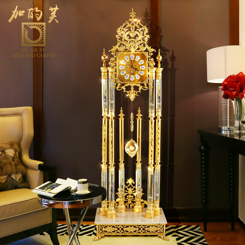 欧式落地钟轻奢客厅金色水晶落地钟表纯铜报时居家别墅摆件时钟