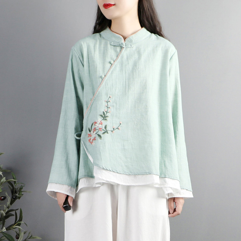 刺绣斜襟太极服女棉麻上衣中国国风复古太极拳太极服