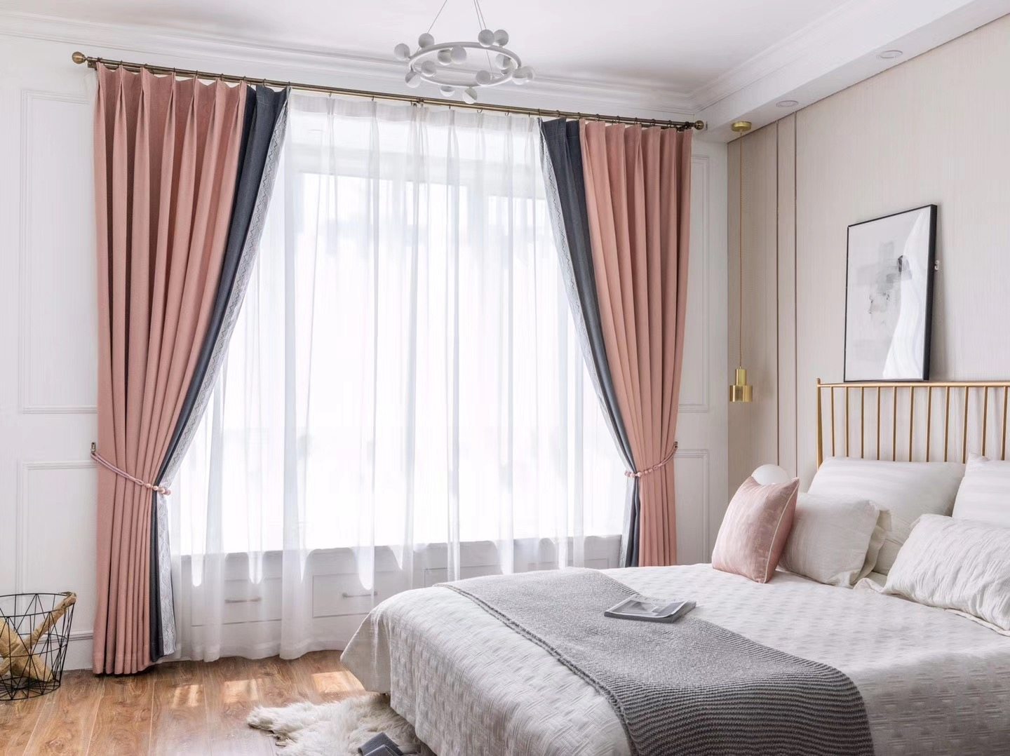 窗帘遮光面料成品卧室北欧欧风深灰拼接粉色定制窗帘