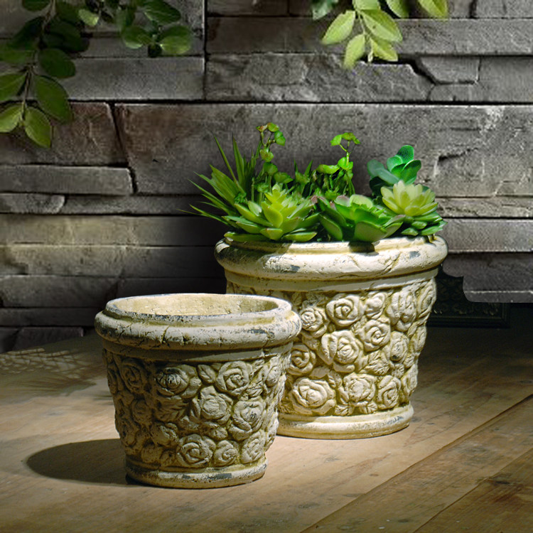 手工复古大口径粗陶落地花盆美式浮雕玫瑰圆形花盆