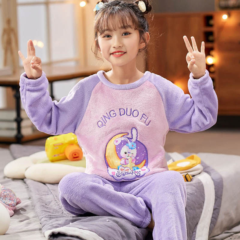 女童家居服小女孩中大5岁珊瑚法兰绒加厚秋冬季睡衣睡衣