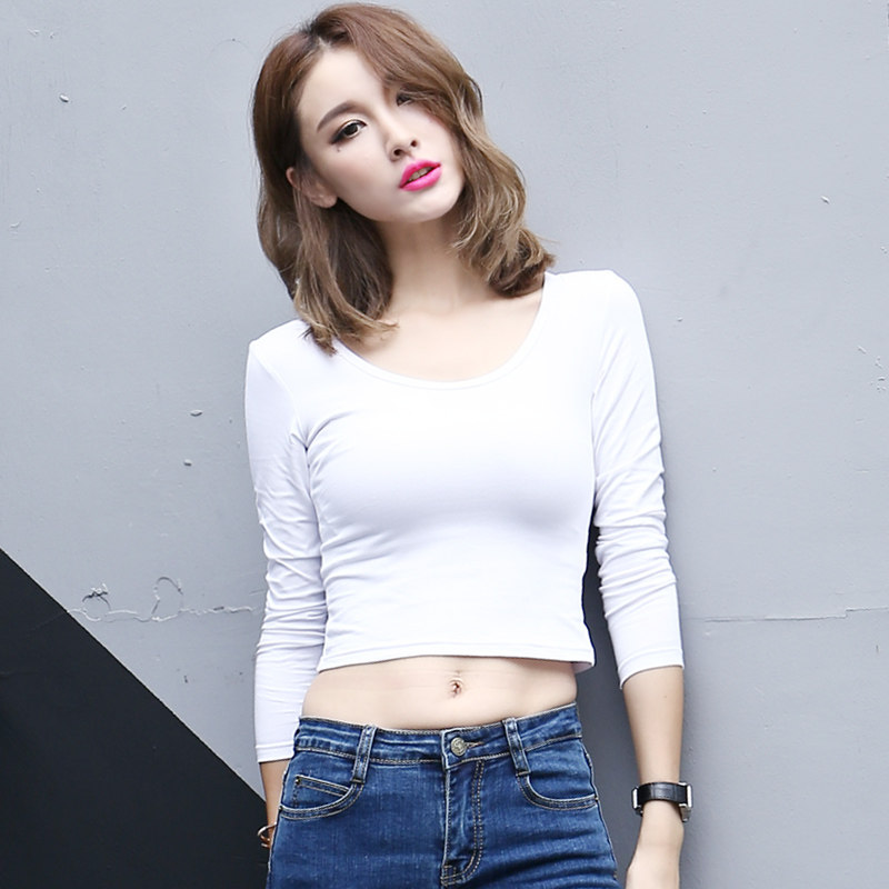 露脐长袖白色上衣紧身短款高腰女t恤修身圆领显瘦漏肚脐潮打底衫