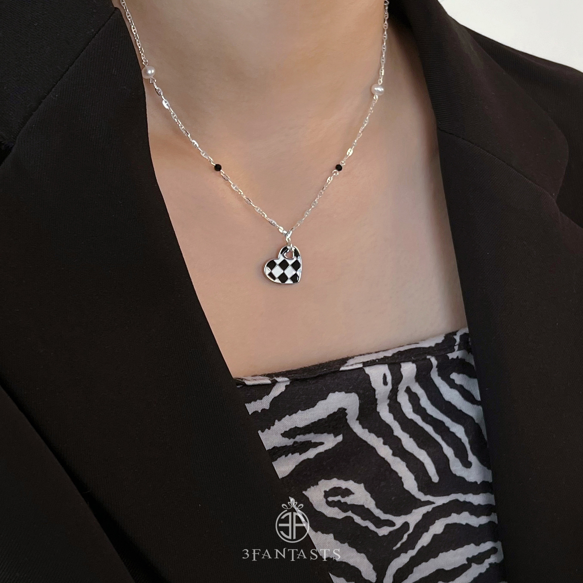 3fantasts黑白恋曲棋盘格原创爱心纯银项链朋克甜酷项链