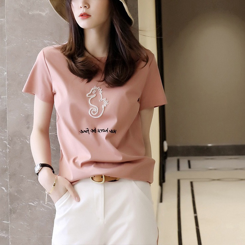 日系轻奢海洋风短袖t恤女夏装新款粉色减龄显瘦纯棉宽松打底上衣