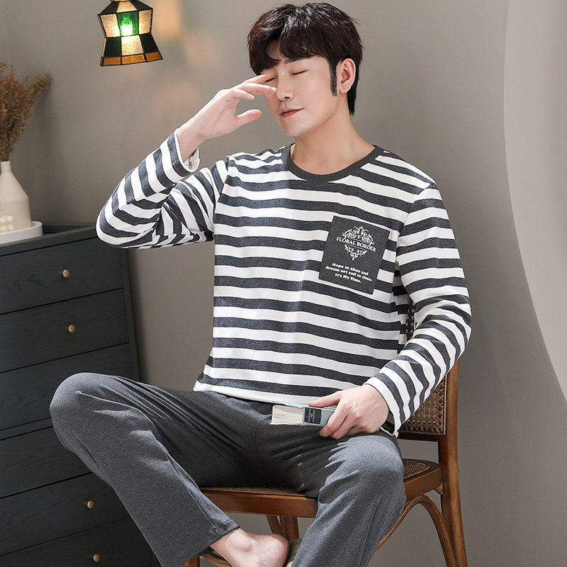 睡衣男士秋冬季长袖纯棉春秋男青年圆领简约条纹睡衣