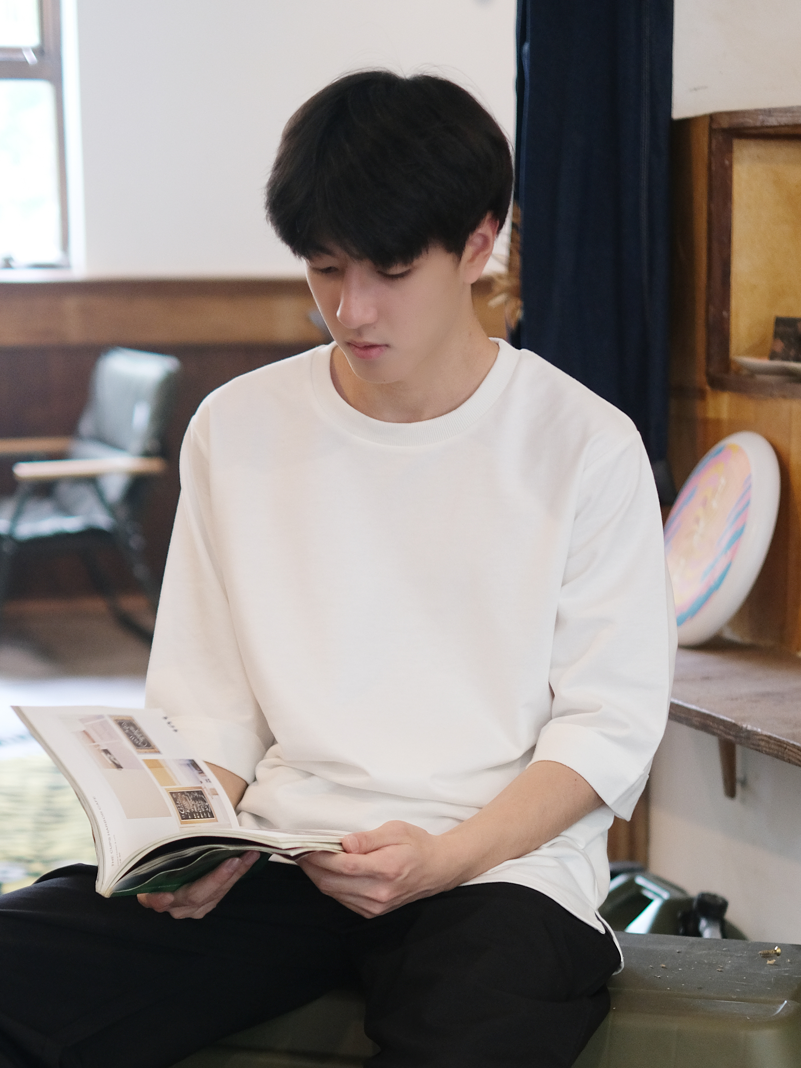 壹番ICHIBAN 袖口翻边盐系重磅七分袖T恤 纯棉宽松圆领短袖男春夏