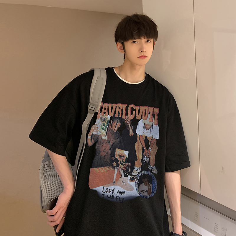 街头嘻哈美式t恤男短袖2022新款潮流衣服宽松ins港风半袖潮牌体恤