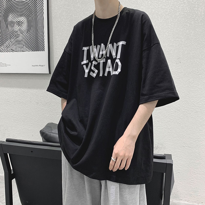 短袖t恤男网红痞帅韩版潮流五分袖体恤半袖宽松ins潮牌港风上衣服