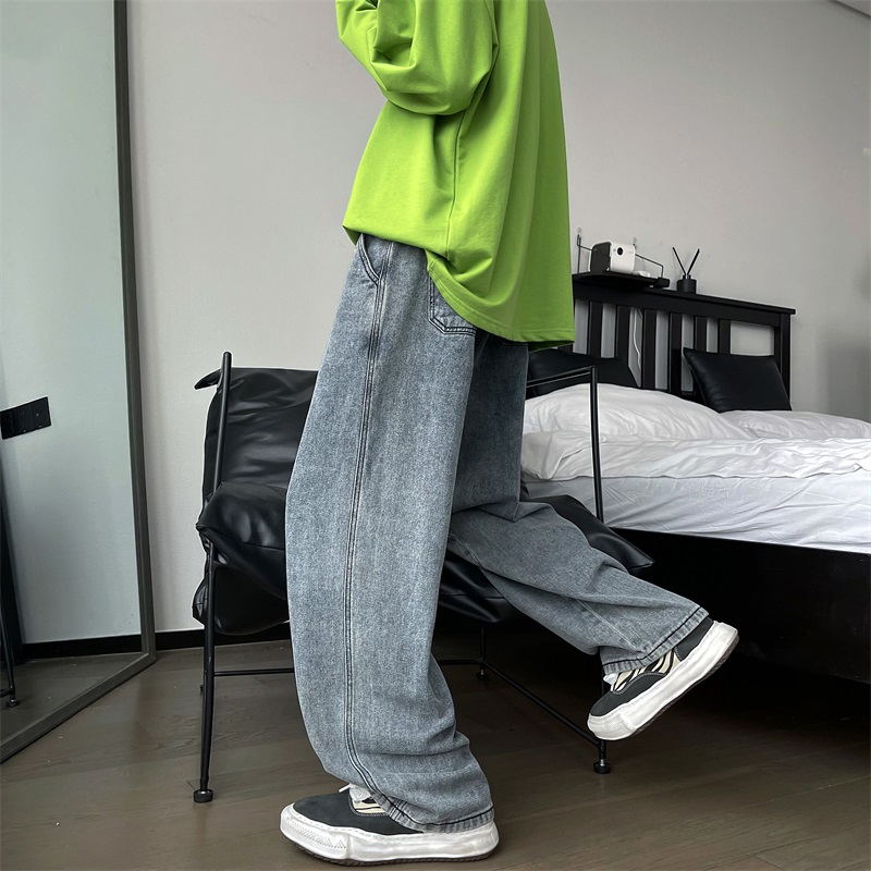 夏季潮牌牛仔裤男士宽松直筒2022新款韩版潮流坠感阔腿拖地老爹裤