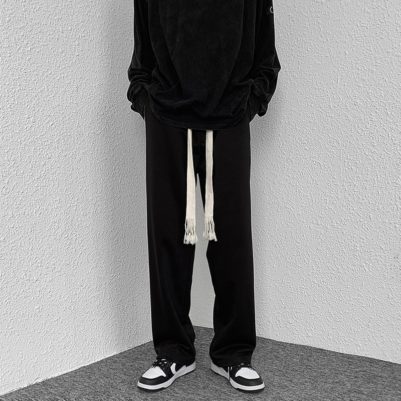 编织绳休闲裤子男潮牌直筒宽松阔腿拖地卫裤夏季港风潮流百搭长裤