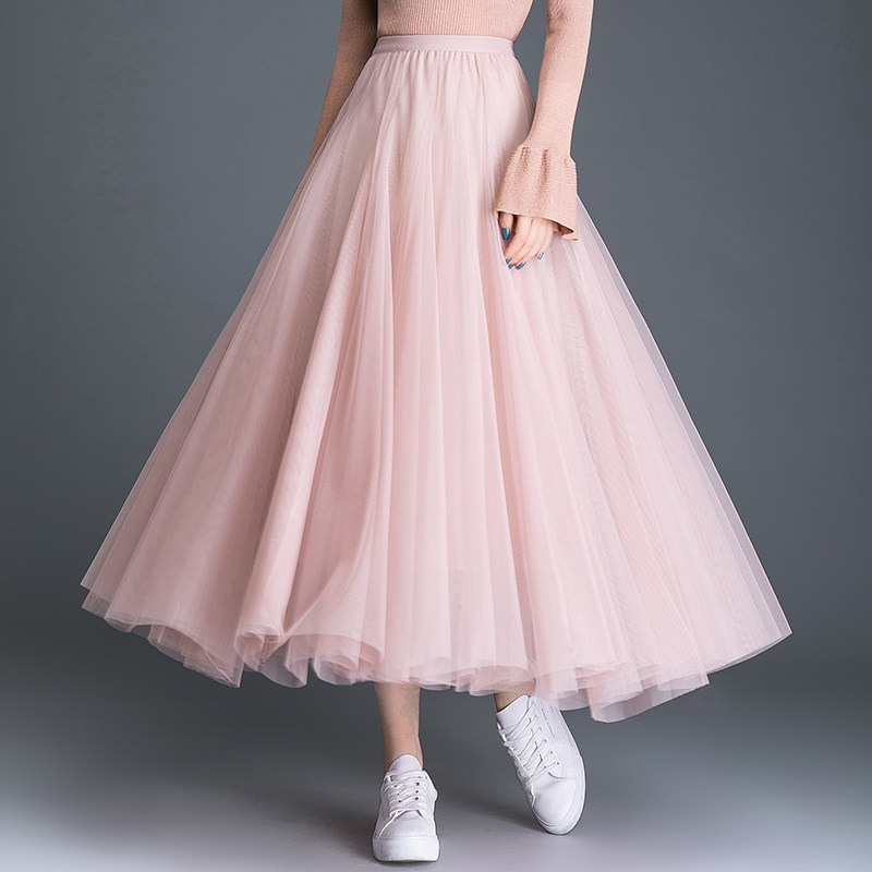 仙女裙半身裙网纱长裙女秋冬2019新款中长款百褶裙纱裙裙子沙裙