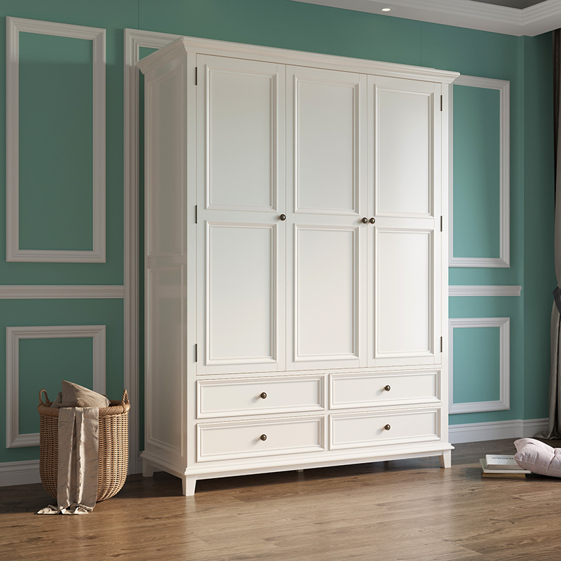 森趣美式白色实木三门衣柜现代简约木质收纳胡桃木衣柜