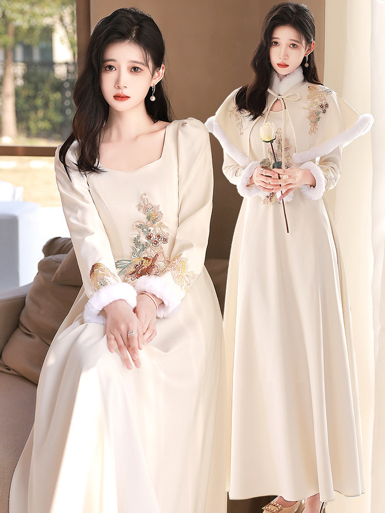 中式加厚冬天裙女晚礼服姐妹披肩保暖长袖伴娘礼服