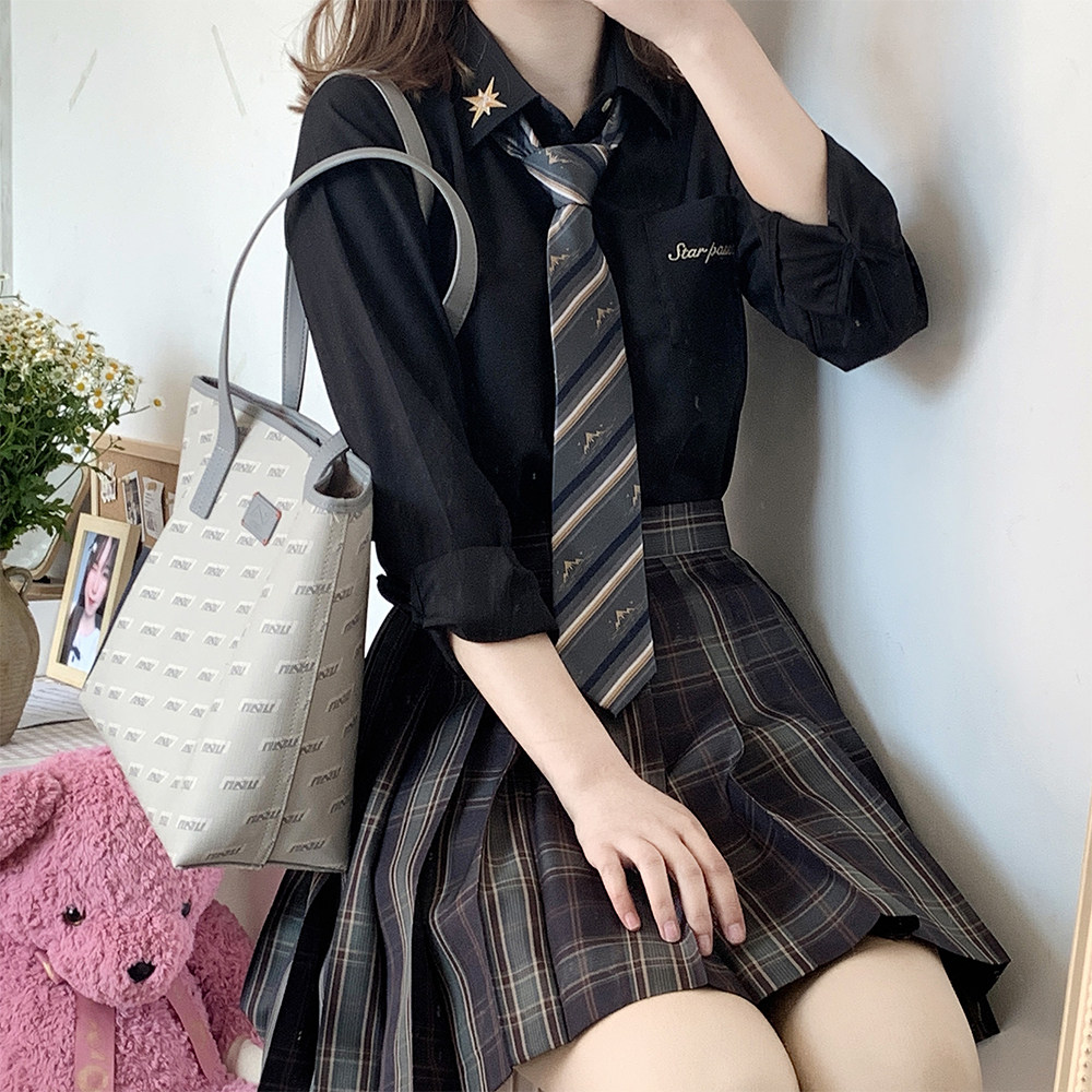 学院衬衣衬衫制服jk长袖学生耕耘刺绣黑色衬衫