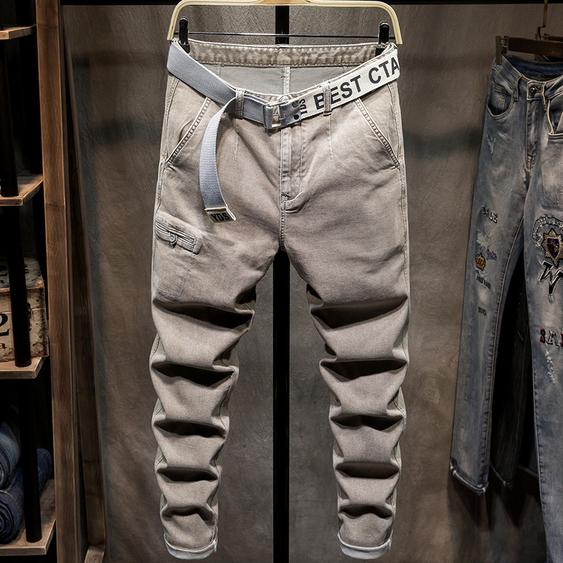 2022春季新款牛仔裤男士修身小脚九分休闲工装裤子男韩版潮流百搭