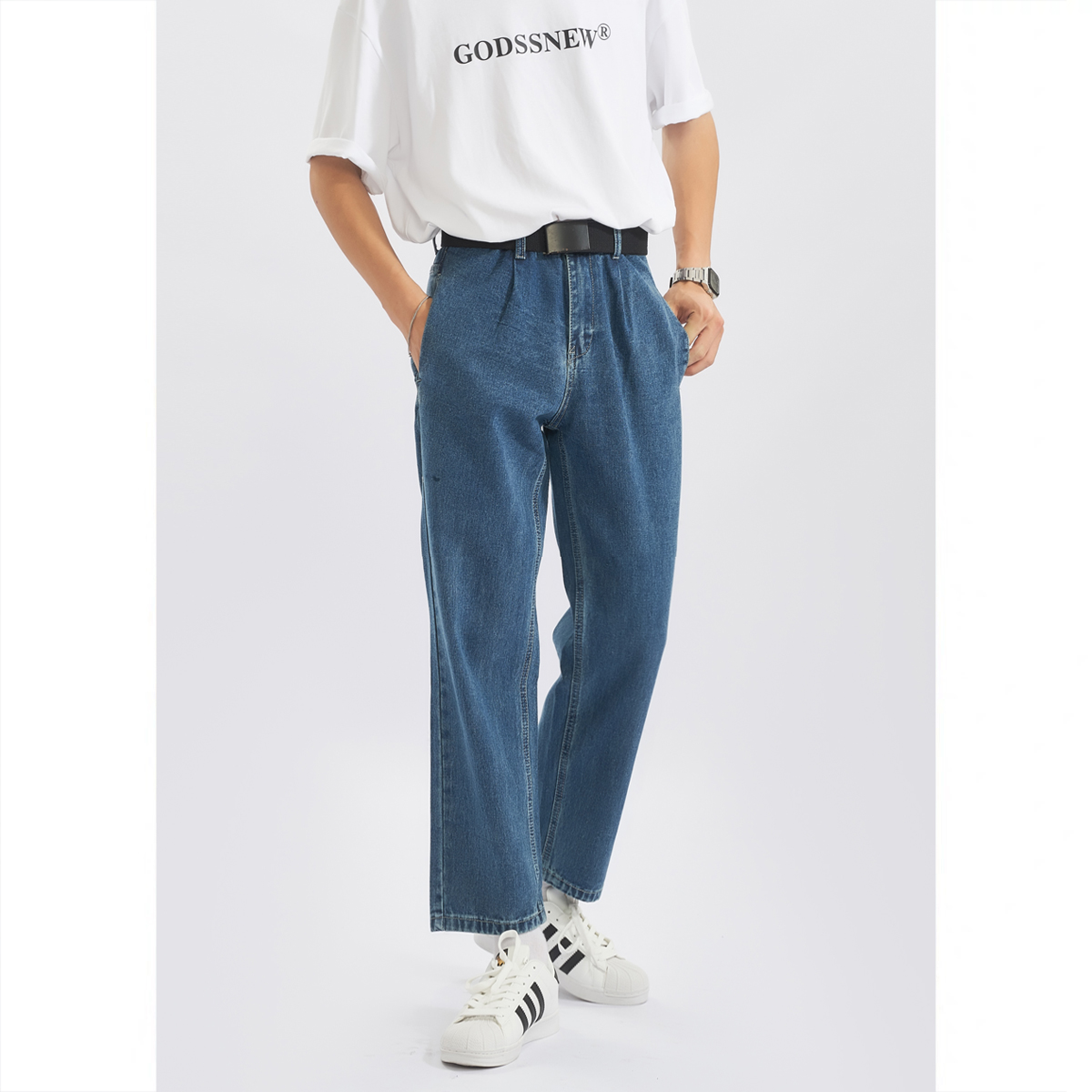 小仔妮自制 直筒坠感牛仔裤男宽松ins潮流夏季薄款高腰休闲九分裤