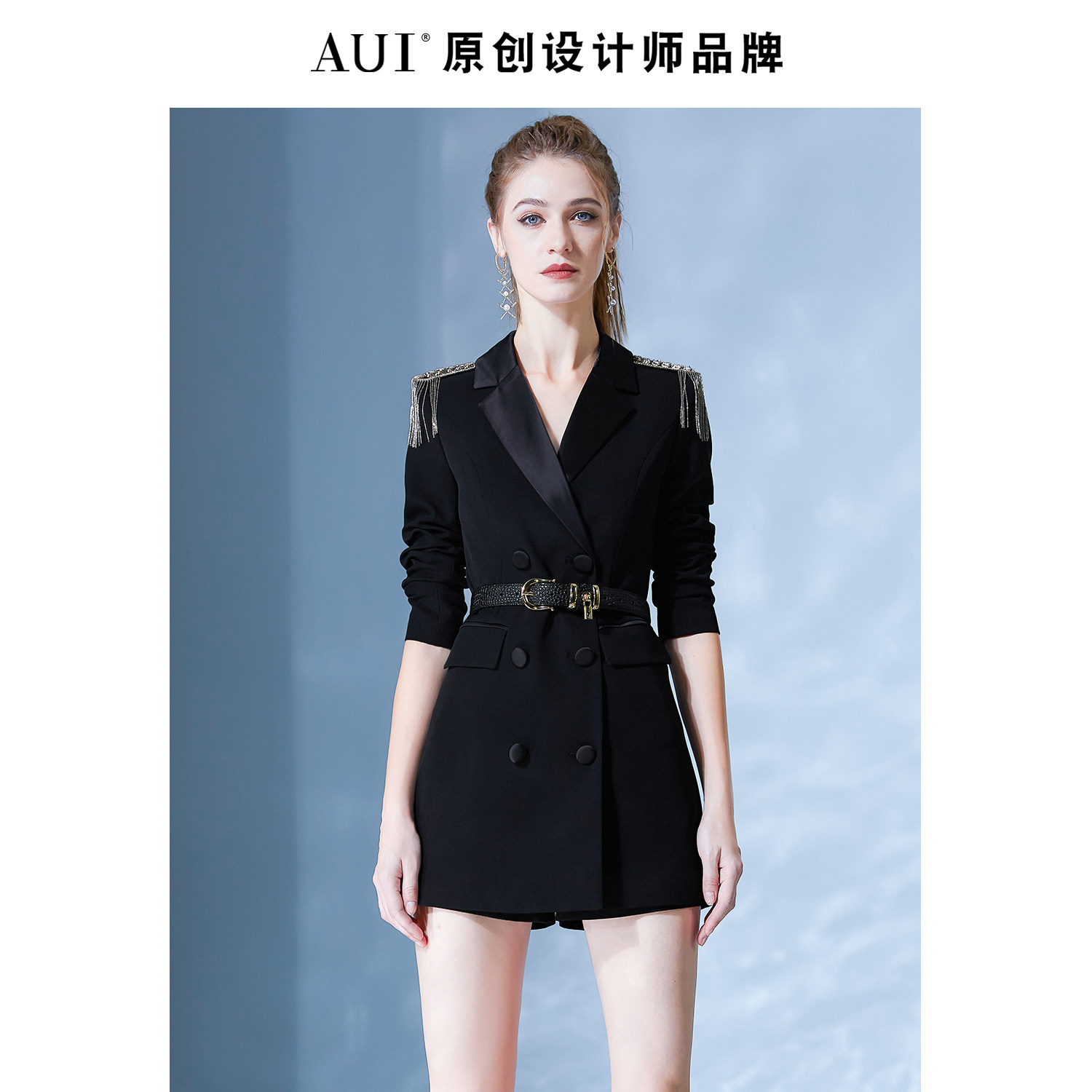 aui欧美风黑色职业西装套装女秋2021新款御姐时尚套装