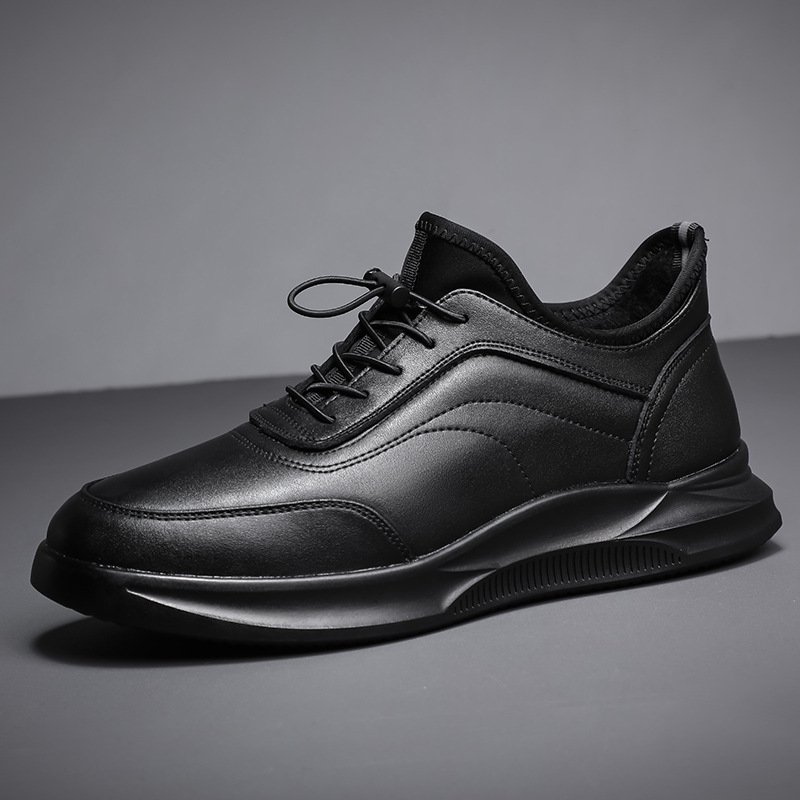 秋季男装透气运动鞋男土真皮远动休闲皮鞋黑色时尚休闲鞋