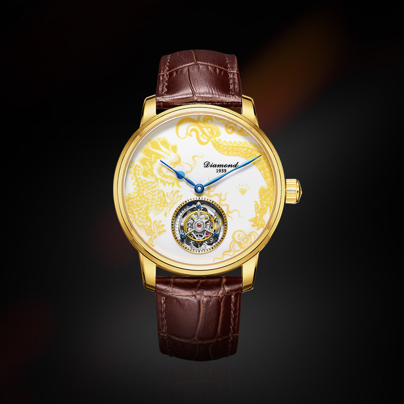 手表海钻石男陀飞轮龙面男士防水皮带时尚腕表国产腕表