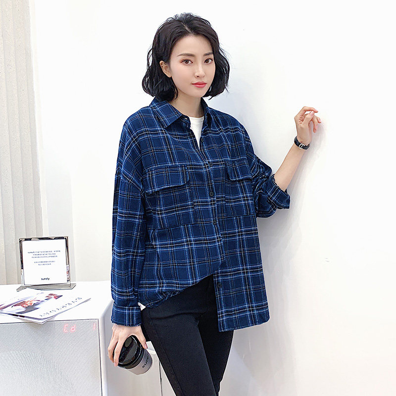 海军蓝色格子衬衫女长袖2020秋装新款文艺复古加厚磨毛格纹