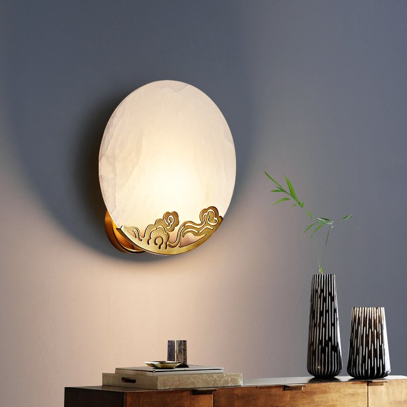 全铜简约云石祥云圆形过道走廊酒店网红床头壁灯