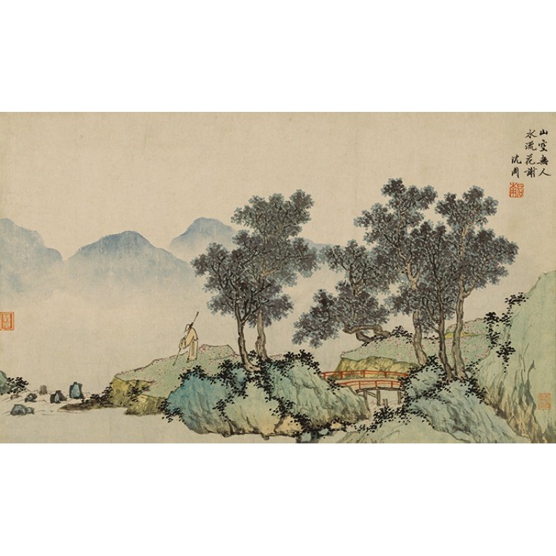 四家沈周落花诗意图国画青绿山水横幅真迹复制国画