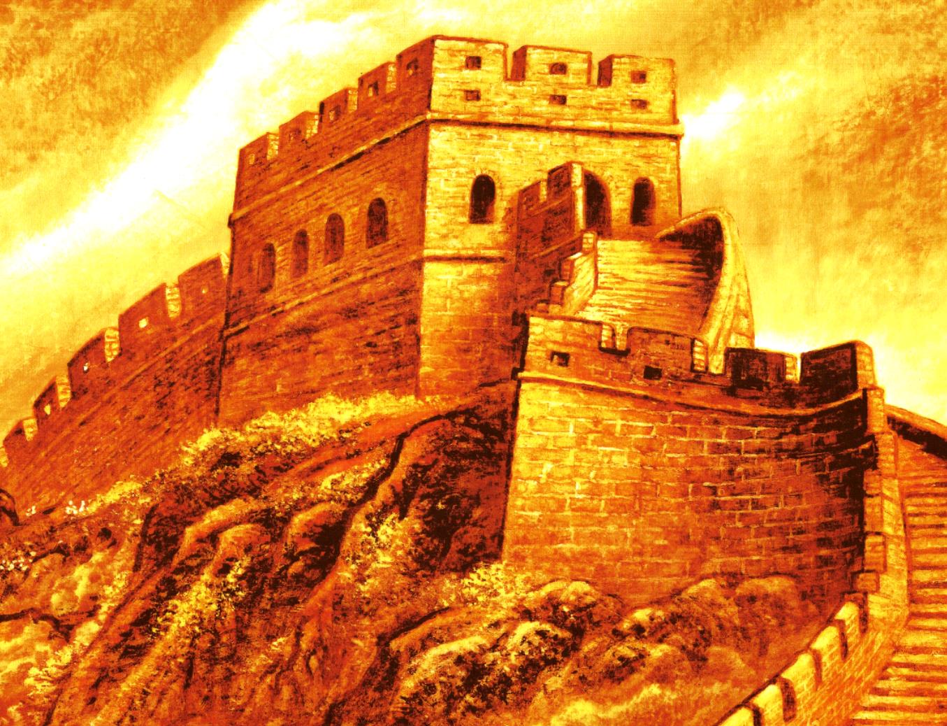 中式高清扫描金色万里长城雄风国画素材客厅壁画设计素材