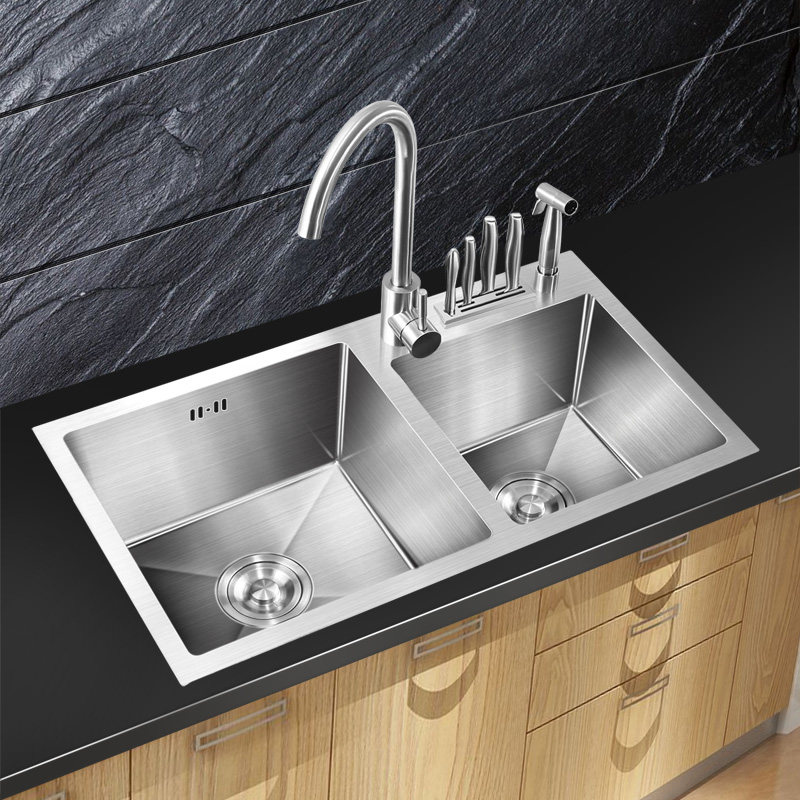 德国手工水槽带刀架双槽 304不锈钢加厚厨房洗菜盆台下盆洗碗水池