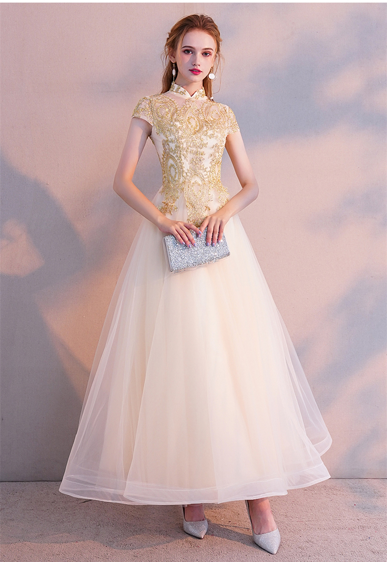 礼服晚礼服2020香槟色合唱团演出服女长款晚宴主持人显瘦礼服